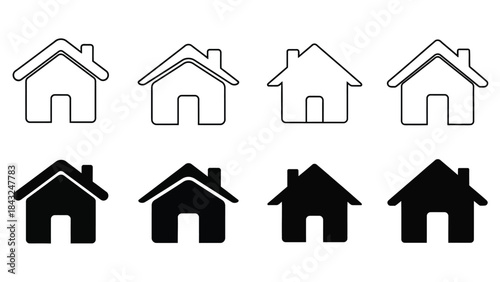 Collection of eight house icons in outline and solid black styles