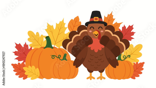 Thanksgiving Turkey and Pumpkins: a festive image featuring a turkey in a pilgrim hat alongside pumpkins and colorful autumn leaves, evoking the warmth and abundance of the holiday season.