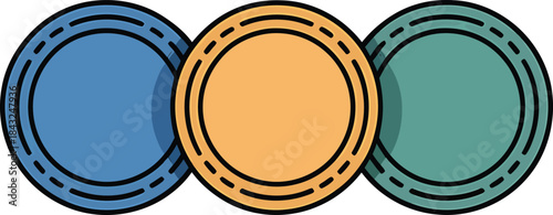 Three stitched circles align to each other in flat design style vector illustration