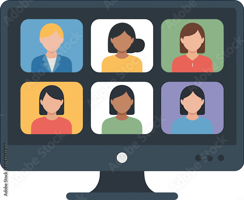 Virtual Meeting on Computer Screen Vector Illustration Teleconference Collaboration
