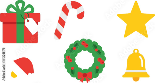 Festive Decorations: An array of Christmas decorations and symbols, including a beautifully wrapped gift, a classic candy cane, a bright golden star, a cheerful bell, and a festive wreath.