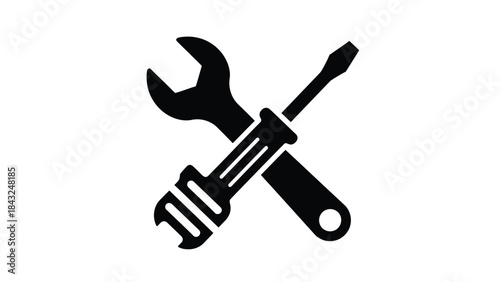 Simple black silhouette icon featuring crossed wrench and screwdriver tools