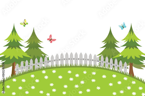 a peaceful landscape with lush green trees a white fence and colorful