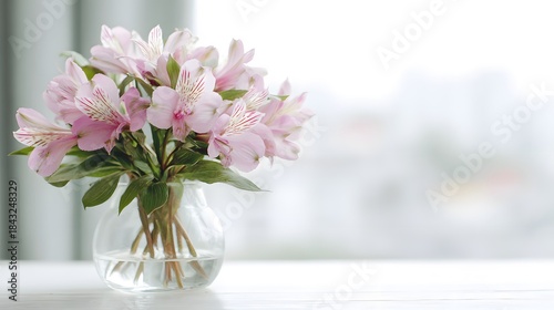 Delicate Pink Alstroemeria Flowers in a Clear Glass Vase on a White Surface.
