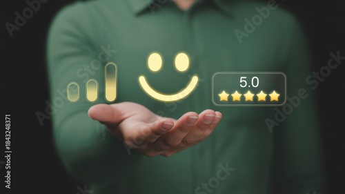 Customer Satisfaction Visualization: A hand cradles a glowing, digital smiley face, complemented by graphic representations of feedback, representing optimal customer satisfaction, score five stars.