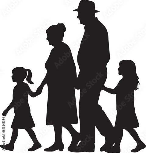 Black silhouettes of a multi-generational group of people including men, women, children, and an elderly person.