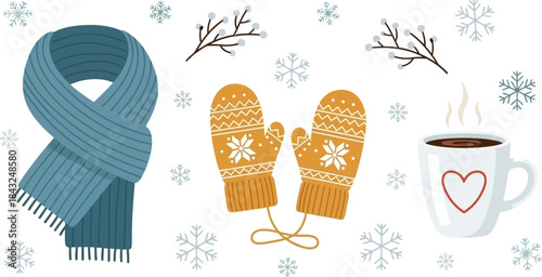 Cozy Winter Essentials: A charming illustration depicts winter comforts: a soft scarf, warm mittens, and a mug of hot cocoa, all amidst a flurry of snowflakes and delicate branches.