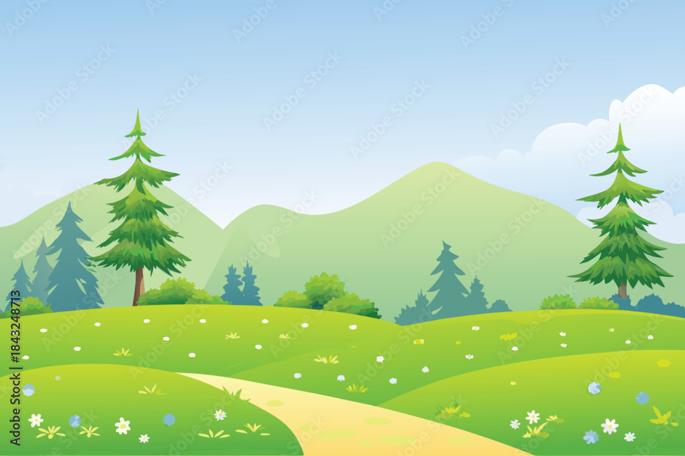 Fototapeta premium a vibrant cartoon landscape featuring rolling green hills and fluffy white clouds high quality