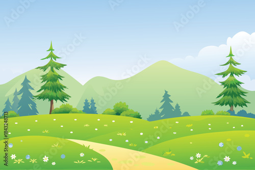 a vibrant cartoon landscape featuring rolling green hills and fluffy white clouds high quality