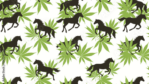 Seamless pattern of running horses and cannabis leaves silhouette design for textile and background 