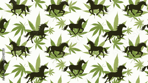 Seamless pattern of running horses and cannabis leaves vector illustration for design isolated on wh