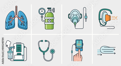 Medical Equipment Icons: Lungs Oxygen Tank Mask Stethoscope and Nebulizer.
