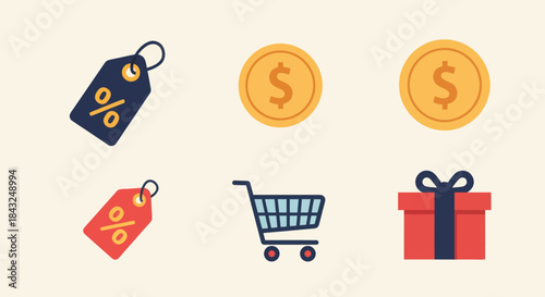 Collection of Shopping Icons: Tags Coins Cart Gift Box.
