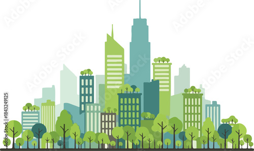 Green Urban Oasis: A vibrant cityscape interweaves sustainable structures with verdant greenery. showcasing the beauty of harmony between the environment and urban development