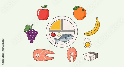 Illustrated Healthy Eating Plate with Various Food Groups.