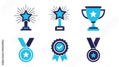 Collection of blue and dark blue award icons, including trophies, medals, and quality seal symbols