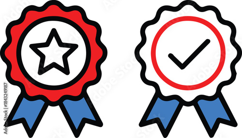 award ribbon icon with star and checkmark certification badge vector