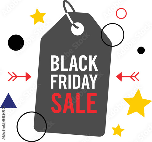 Black Friday Sale Tag: A dynamic depiction of a Black Friday sale tag, adorned with playful shapes and arrows, ready to draw in shoppers with the promise of fantastic deals. 