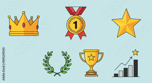 Colorful vector icon set of awards and achievements including a crown medal star and trophy.