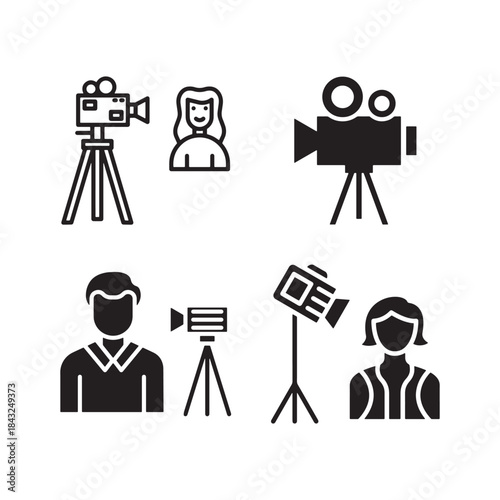 Collection of vintage film cameras and filmmaker icons on white background