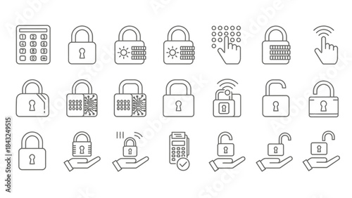 Collection of black and white line icons representing digital security, access control, and padlock concepts
