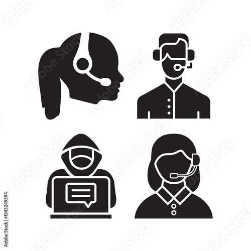 Four silhouette icons representing customer service support and online security hacker