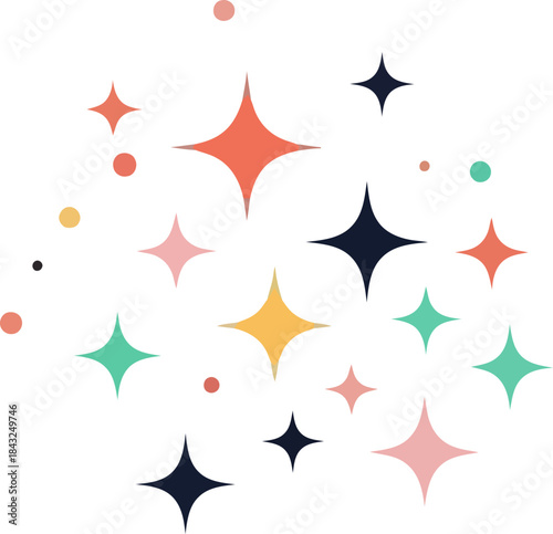 Sparkling Abundance: A captivating array of colorful stars and dots dance playfully, infusing energy into a dynamic composition of abstract shapes.