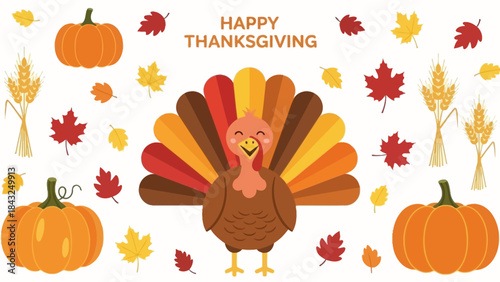 Thanksgiving Feast Illustration: Celebrate the spirit of Thanksgiving with an assortment of festive elements, including vibrant pumpkins, colorful autumn leaves, and a cheerful turkey.