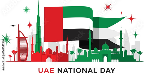 UAE National Day Celebration: A vibrant visual celebration of UAE National Day, featuring the iconic flag gracefully waving against a backdrop of the country's architectural marvels.