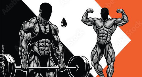 Dynamic Bodybuilding Duo: Muscular Men Lifting Weights and Posing in Graphic Vector Illustration for Fitness and Strength