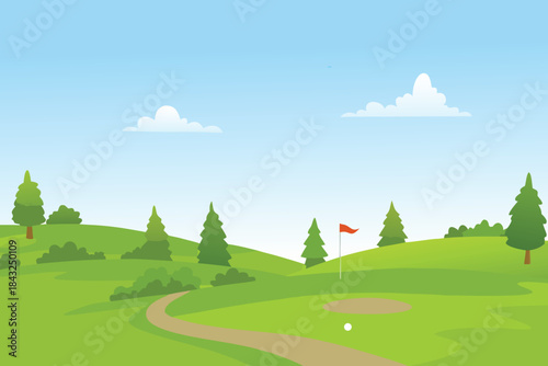 A serene landscape depicting a green golf course under a blue sky