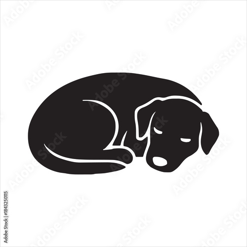 Simple black silhouette of a puppy curled up sleeping peacefully
