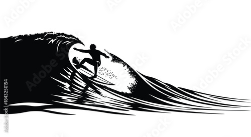 Dynamic Black Silhouette of Surfer Riding a Crashing Barrel Wave, Extreme Water Sport Action Vector Illustration