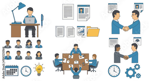 Flat vector icon set depicting business people office work meetings handshakes and documents.