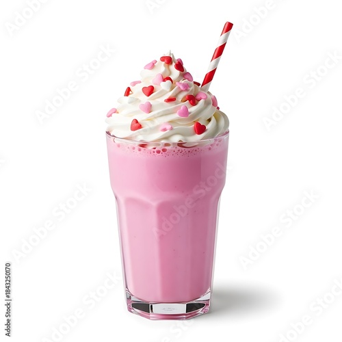 Pink Strawberry Milkshake with Whipped Cream and Heart Sprinkles Isolated on White Background