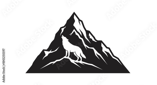 Majestic mountain range with a lone wolf howling, rendered in a striking black and white vector silhouette, embodying the spirit of the wild and untamed nature