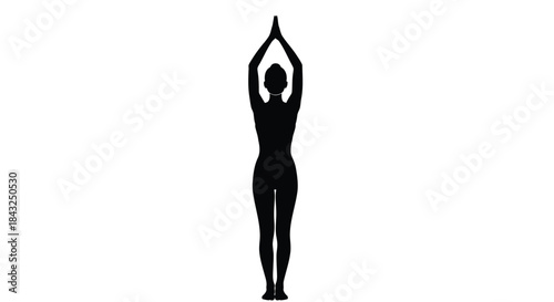 Sleek black silhouette of a person standing tall with arms extended skyward, symbolizing balance, wellness, and serene aspiration in a minimalist design