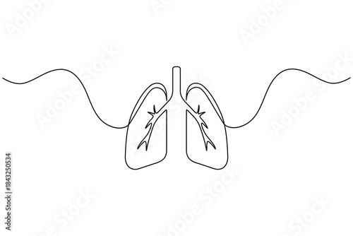 Continuous line drawing of human lungs with bronchi and trachea representing breathing