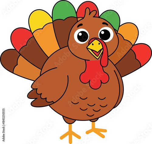 Thanksgiving Turkey Illustration: a cheerful cartoon turkey, spreading its colorful wings, inviting viewers to the feast, radiating joy and warmth of celebration.