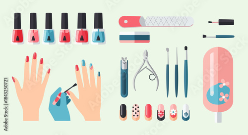 Manicure Set with Nail Polish Bottles and Tools Illustration.