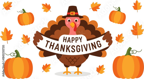 Thanksgiving Turkey: A festive illustration showcasing a cheerful turkey in a pilgrim hat, encircled by pumpkins and autumn leaves, conveying the spirit of Thanksgiving.