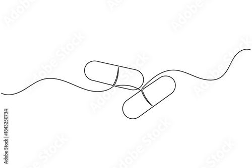 A minimalist continuous single line art drawing featuring two medical capsules