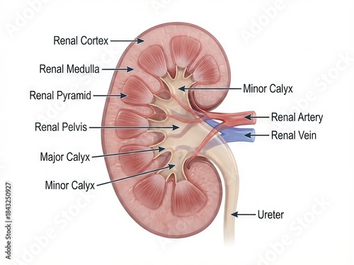This detailed medical illustration showcases human kidney anatomy, presenting the intricate internal renal structure and vital organ components as a clear diagram for educational use.