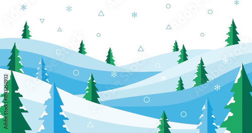 Winter Wonderland: An illustration of a serene winter landscape, with gently rolling hills covered in snow and dotted with evergreen trees, evokes the tranquility of a snowy day.
