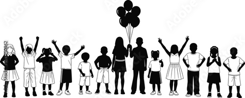 Diverse Group of Happy Children Silhouettes, Kids Playing and Cheering Together with Balloons, Isolated Vector Illustration of Childhood, Fun, Party, and Celebration