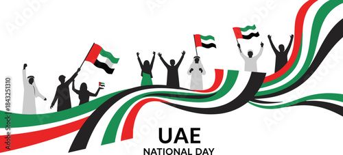 UAE National Day Celebration: Celebrating the spirit of unity and patriotism. Silhouette figures wave flags against a backdrop of flowing ribbons, echoing the vibrant colors of the flag.  
