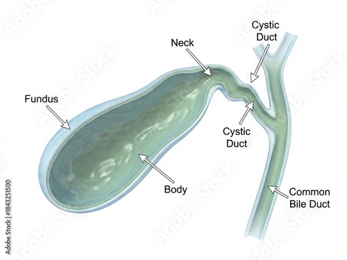 Detailed human gallbladder anatomy illustration showcasing the digestive organ's duct system, a precise medical diagram rendered on a clean white background for educational purposes.