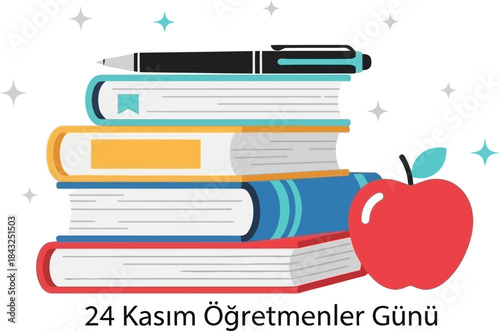 Teacher's Day Illustration: A vibrant illustration for Teacher's Day featuring a stack of books, pen, and a symbolic apple, creating a visual tribute to education.