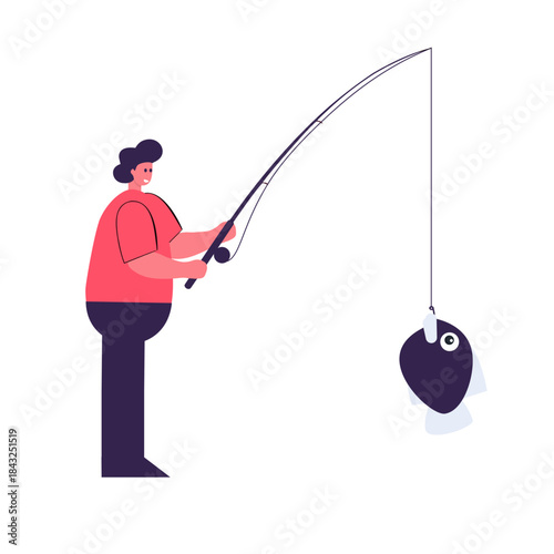 Fisherman with a fishing rod. River fishing animation, vector illustration