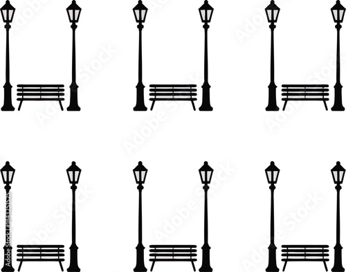 Black and white repeating pattern of park benches and streetlights silhouettes